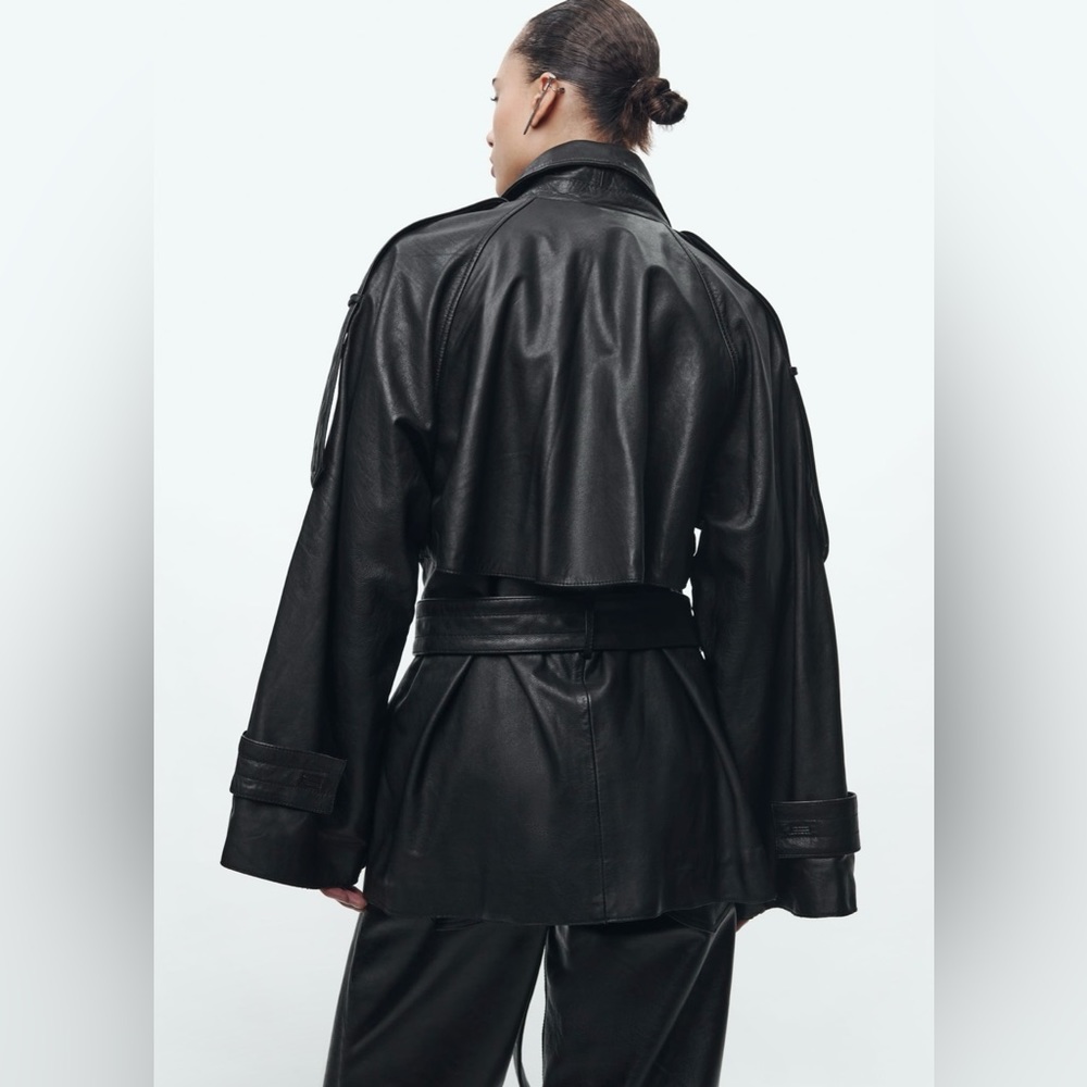 Zara Black Oversized Leather Trench Coat with Belt - Picture 4 of 10